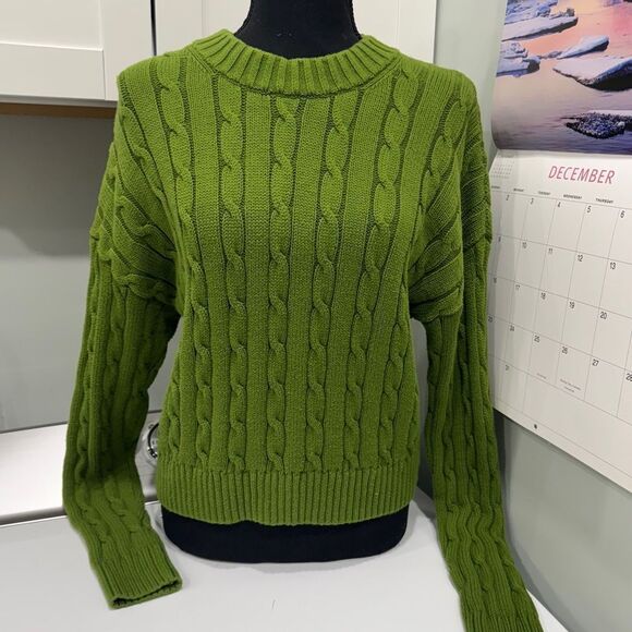 Gap Olive cable knit 100% cotton long sleeve crewneck cropped sweater size large - Picture 1 of 8